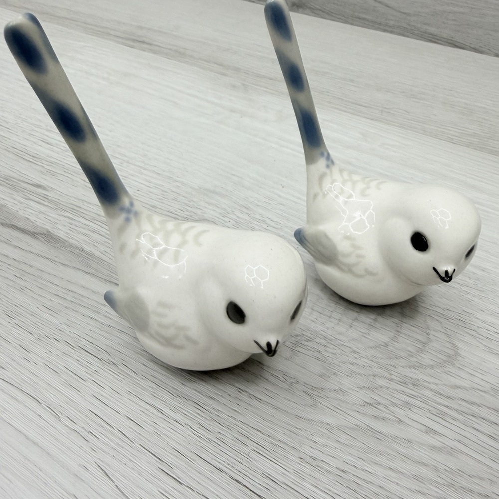 Porcelain Long Tail Bird Figurines Pair Soviet Era USSR White Blue VTG